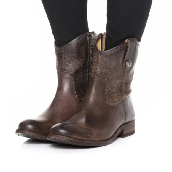 Frye Melissa Button Ankle Boots Leather Distressed Side Zip Up Slate Brown 6.5 B - Picture 1 of 12